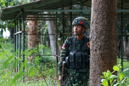 A member of the Kayan National Army (KNA) watches the sky for a potential drone strike from Myanmar's military