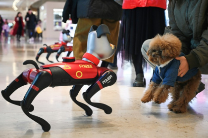 A pet owner holding a dog in front of an AI pet dog called "BabyAlpha", which sells for up to 26,000 yuan ($3,500)