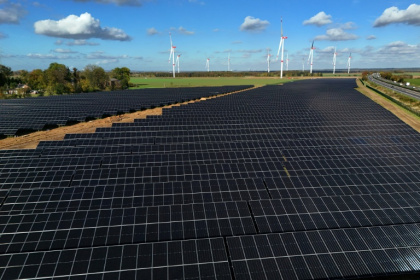 An aerial view shows a solar park being built by 'F&S solar service' company near Erftstadt, western Germany