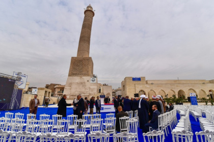 The Al-Hadba or "hunchback" minaret is part of the historic Al-Nuri Mosque