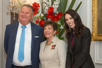 Shane Jones (L), now New Zealand's resources minister, poses with then prime minister Jacinda Ardern (R) and then governor-general Dame Patsy Reddy in Wellington in 2017